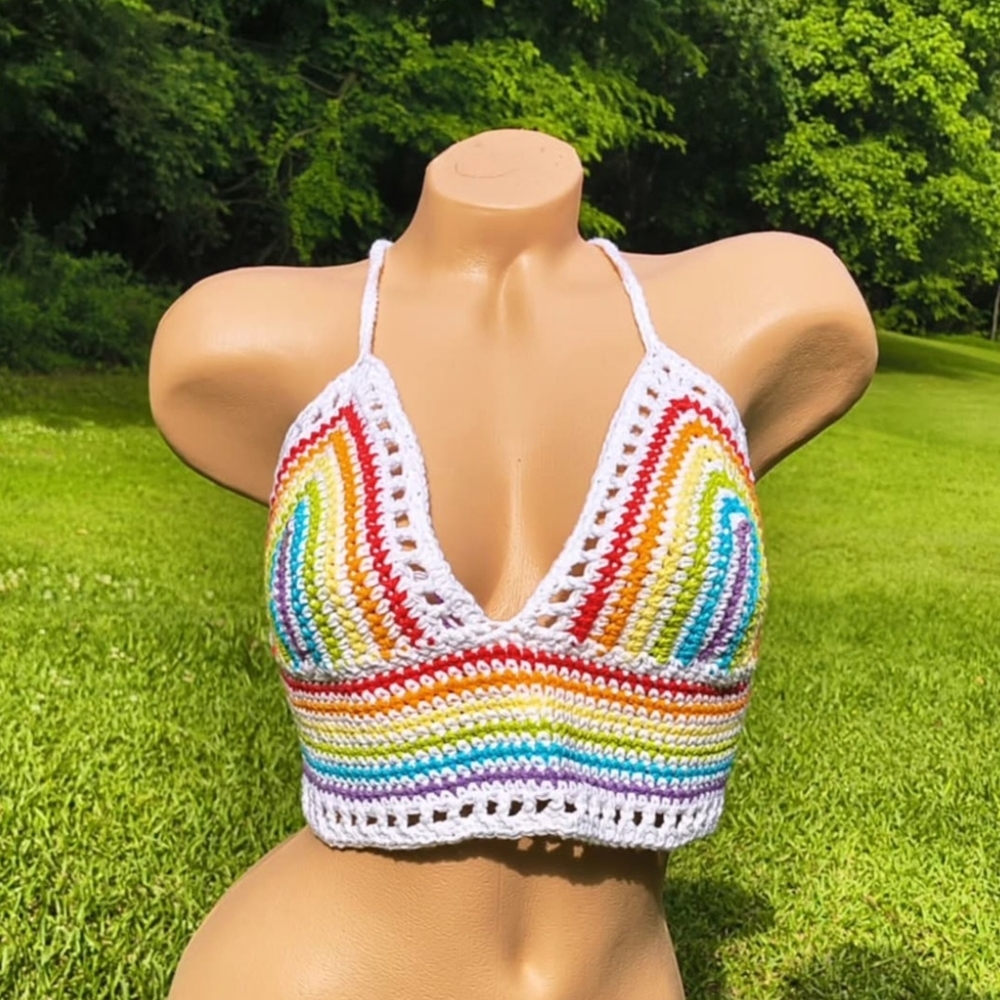 Rainbow Stripes Crochet Halter Top
